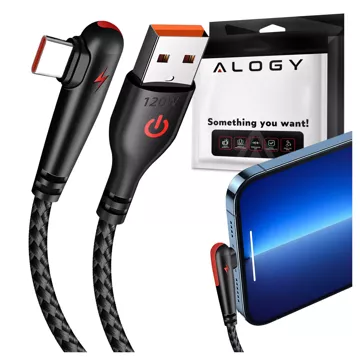 Kabel 200cm USB USB-C mocny szybkie ładowanie 120W Alogy A-C Cable nylonowy przewód Czarny