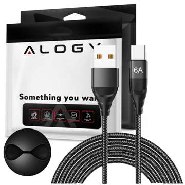 Kabel Alogy przewód USB-A do USB-C Type C 6A 2m Czarny + Organizer