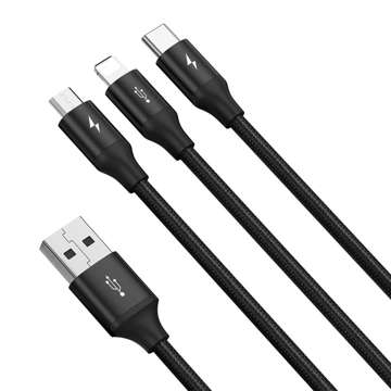 Kabel Baseus Rapid 3w1 USB do microUSB Lightning iPhone USB-C Type C 3.5A Czarny