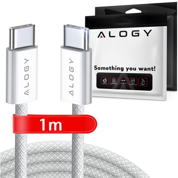 Kabel USB-C typ C mocny szybki 60W PD 1M do iPhone 15/Pro/Max iPad MacBook nylonowy przewód Alogy Biały