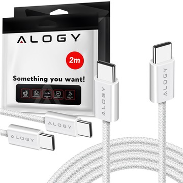 Kabel USB-C typ C mocny szybki PD 2M do iPhone 15 Alogy nylonowy przewód Biały