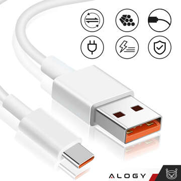 Kabel USB - USB-C typ C Alogy mocny szybki 67W 6A PD 1M przewód Biały