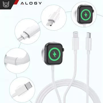 Kabel ładowarka indukcyjna magnetyczna 2w1 do Apple Watch, iPhone przewód 1M Lightning USB-C Alogy Biały