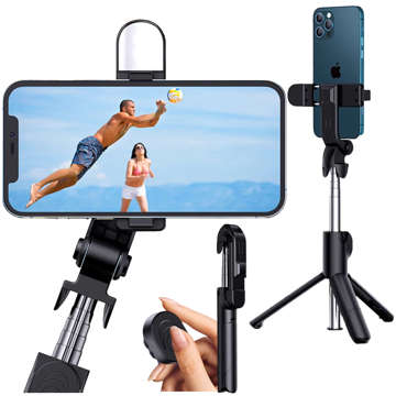 Kijek Selfie Stick Tripod Statyw LED Pilot Bluetooth Uchwyt do telefonu z lampką LED kij wysięgnik 76cm czarny