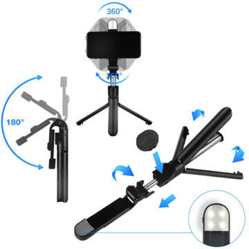Kijek Selfie Stick Tripod Statyw LED Pilot Bluetooth Uchwyt do telefonu z lampką LED kij wysięgnik 95cm czarny