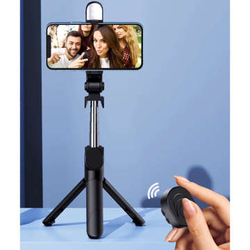 Kijek Selfie Stick Tripod Statyw LED Pilot Bluetooth Uchwyt do telefonu z lampką LED kij wysięgnik 95cm czarny