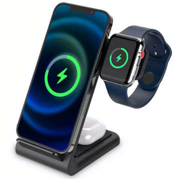 Ładowarka indukcyjna QI 15W 3w1 Wireless Charger do telefonu słuchawek zegarka Apple Watch AirPods iPhone Czarna