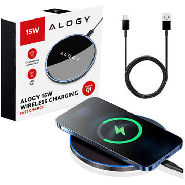 Ładowarka indukcyjna QI bezprzewodowa 15W szybka LED Alogy okrągła do iPhone + kabel USB-C Czarna