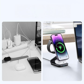 Ładowarka indukcyjna Qi Mag Safe 15W do iPhone Apple Watch AirPods 3w1 bezprzewodowa składana stojak aluminiowa czarna