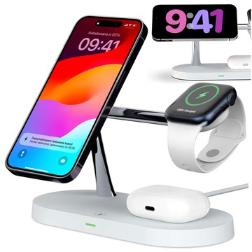 Ładowarka indukcyjna Qi Mag Safe 15W do iPhone Apple Watch AirPods bezprzewodowa 5w1 Stacja dokująca Biała