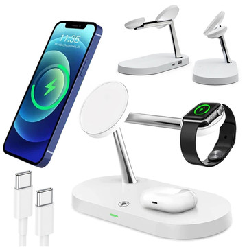 Ładowarka indukcyjna Qi Mag Safe 15W do iPhone Apple Watch AirPods bezprzewodowa 5w1 Stacja dokująca Biała