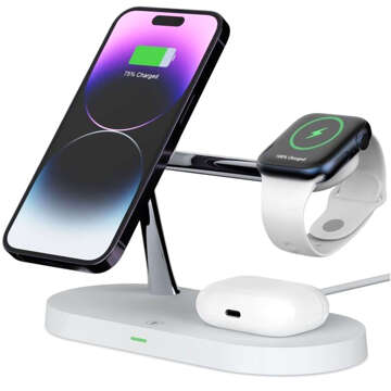 Ładowarka indukcyjna Qi Mag Safe 15W do iPhone Apple Watch AirPods bezprzewodowa 5w1 Stacja dokująca Biała