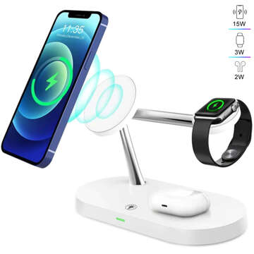 Ładowarka indukcyjna Qi Mag Safe 15W do iPhone Apple Watch AirPods bezprzewodowa 5w1 Stacja dokująca Biała