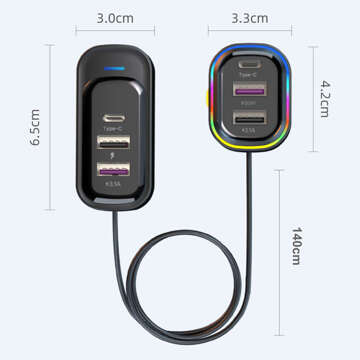 Ładowarka samochodowa 4x USB 2x USB-C typ C 66W + 15W rozdzielacz szybka QC PD 1.4M 6w1 czarna