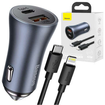 Ładowarka samochodowa Baseus Golden Contactor Pro, USB + USB-C, QC4.0+, PD, SCP, 40W (szara) + kabel USB-C do iP 1m (czarny)