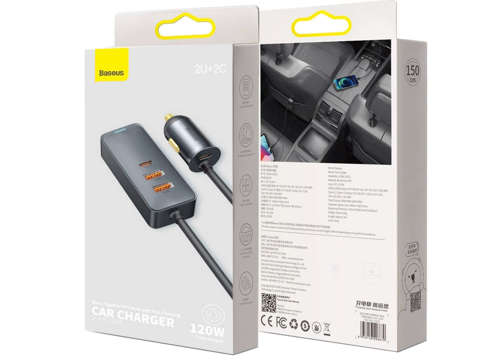 Ładowarka samochodowa Baseus Share z przedłużaczem 2x USB 2x USB-C 120W Szara