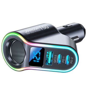 Ładowarka samochodowa USB QC 3.0 2x USB-C PD 150W rozdzielacz JoyRoom Car Charger 4w1 LED RGB czarna