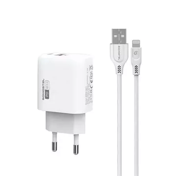 Ładowarka sieciowa 3A 18W USB, USB Typu-C + kabel do iPhone szybkie ładowanie SOMOSTEL QC3.0 SMS-Q01 Biały