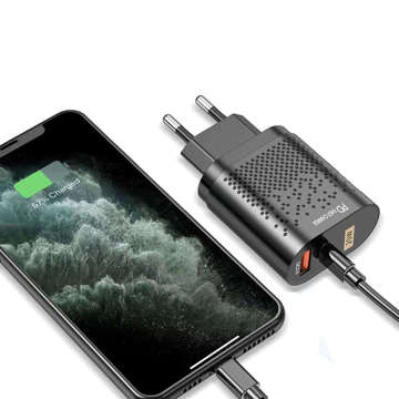 Ładowarka sieciowa Alogy szybka USB + USB-C Type C QC 3.0 PD 20W Czarna + Kabel 1m USB-C do Lightning  + Etui