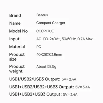 Ładowarka sieciowa Baseus Compact 3x USB Type A 17W Czarna