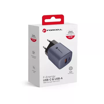 Ładowarka sieciowa FORCELL F-ENERGY GaN Typ C + USB A PD QC4.0 3A 33W Szara