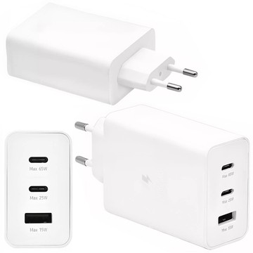 Ładowarka sieciowa USB + 2x USB-C Type C szybkie ładowanie Power Delivery PD 65W Biała