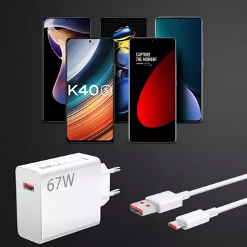 Ładowarka sieciowa Xiaomi Oryginalna MDY-14-EW 67W Szybkie Ładowanie QC 3.0 + Kabel USB-USB-C 6A Biała