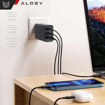 Ładowarka sieciowa szybka 65W 2x USB-C typ C PD + USB-A USB Alogy 3 porty mocna Czarna + Etui