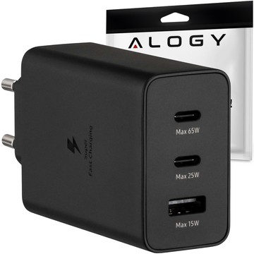 Ładowarka sieciowa szybka 65W 2x USB-C typ C PD + USB-A USB Alogy 3 porty mocna Czarna + Etui