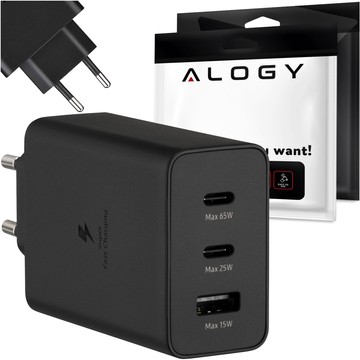 Ładowarka sieciowa szybka 65W 2x USB-C typ C PD + USB-A USB Alogy 3 porty mocna Czarna + Etui