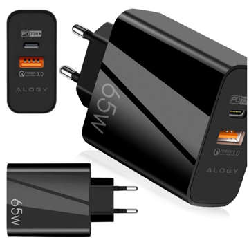 Ładowarka sieciowa szybka USB-A QC 3.0 Quick Charge + USB-C PD 33W 65W Alogy czarna