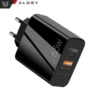 Ładowarka sieciowa szybka USB-A QC 3.0 Quick Charge + USB-C PD 33W 65W Alogy czarna