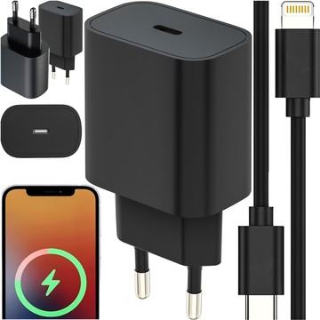 Ładowarka sieciowa szybka do iPhone USB-C PD 20W + Kabel USB-C - Lightning 1m Czarny