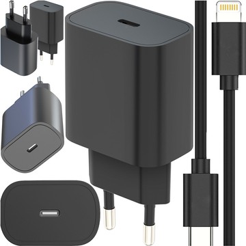 Ładowarka sieciowa szybka do iPhone USB-C PD 20W + Kabel USB-C - Lightning 1m Czarny