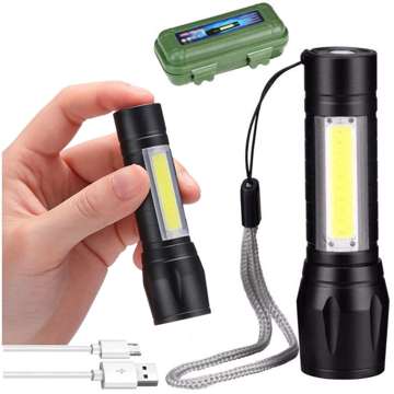 Latarka taktycznia Mini światło klasyczne 9cm LED COB T6 z regulacją Zoom kieszonkowa czarna