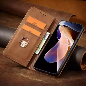 Magnet Fancy Case etui do Xiaomi Redmi Note 11 pokrowiec portfel na karty kartę podstawka brązowy