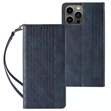 Magnet Strap Case etui do iPhone 13 Pro Max pokrowiec portfel + mini smycz zawieszka niebieski