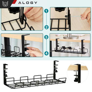 Organizer kabli uchwyt półka pod blat na kable listwy biurkowy podbiurkowy aluminiowy 38.5cm Alogy Czarny