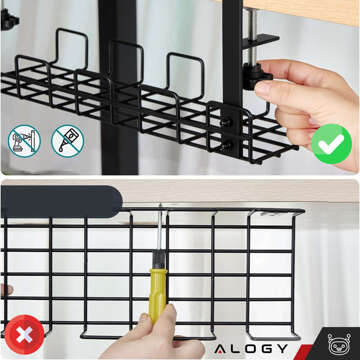 Organizer kabli uchwyt półka pod blat na kable listwy biurkowy podbiurkowy aluminiowy 38.5cm Alogy Czarny