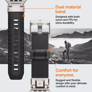 Pasek Spigen Durapro Armor do Apple Watch 4 / 5 / 6 / 7 / 8 / 9 / Se / Ultra 1 / 2 (42 / 44 / 45 / 49 mm)  to zestawienie nowoczesnych materiałów, które łączą w sobie trwałość i styl, tworząc unikalny dodatek dla twojego smartwatcha.