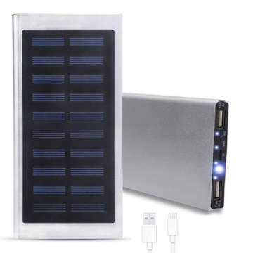 PowerBank Solarny wodoodporny bank energii latarka LED ładowarka zewnętrzna Power Bank USB 20000mAh Srebrny