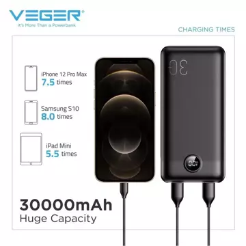 Powerbank Bateria zewnętrzna VEGER L30 - 30 000mAh LCD Quick Charge PD 20W czarny (W3008PD)