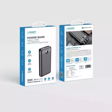 Powerbank Bateria zewnętrzna VEGER L30 - 30 000mAh LCD Quick Charge PD 20W czarny (W3008PD)