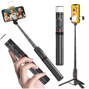 Selfie stick kijek Statyw Tripod uchwyt do telefonu zdjęć Lampa LED + Pilot Bluetooth 75.8cm Alogy czarny