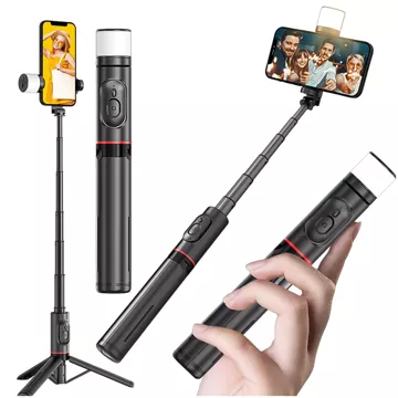 Selfie stick kijek Statyw Tripod uchwyt do telefonu zdjęć Lampa LED + Pilot Bluetooth 75.8cm Alogy czarny