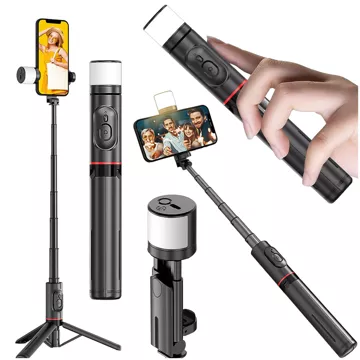 Selfie stick kijek Statyw Tripod uchwyt do telefonu zdjęć Lampa LED + Pilot Bluetooth 75.8cm Alogy czarny