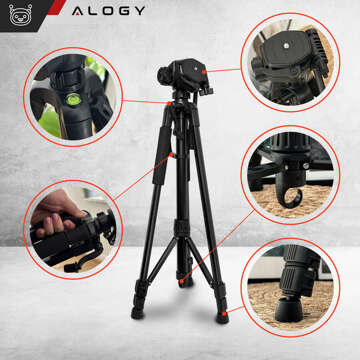 Statyw Fotograficzny Tripod Uniwersalny stojak do Kamer 1/4 uchwyt na telefon aparat 170cm Alogy Czarny + Uchwyt do GoPro + Pilot