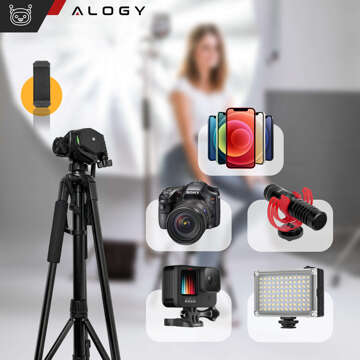 Statyw Fotograficzny Tripod Uniwersalny stojak do Kamer 1/4 uchwyt na telefon aparat 170cm Alogy Czarny + Uchwyt do GoPro + Pilot