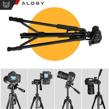 Statyw Fotograficzny Tripod Uniwersalny stojak do Kamer 1/4 uchwyt na telefon aparat 170cm Alogy Czarny + Uchwyt do GoPro + Pilot