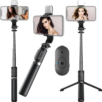 Statyw Selfie Stick kijek do zdjęć Tripod Roreta Wireless Bluetooth uchwyt do telefonu statyw z lampką LED czarny